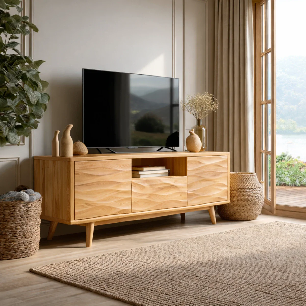 Natural Solid Wood TV Stand with Center Drawer and Side Door Storage - ArborisWood - 8