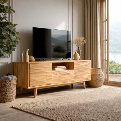 Natural Solid Wood TV Stand with Center Drawer and Side Door Storage - ArborisWood - 8
