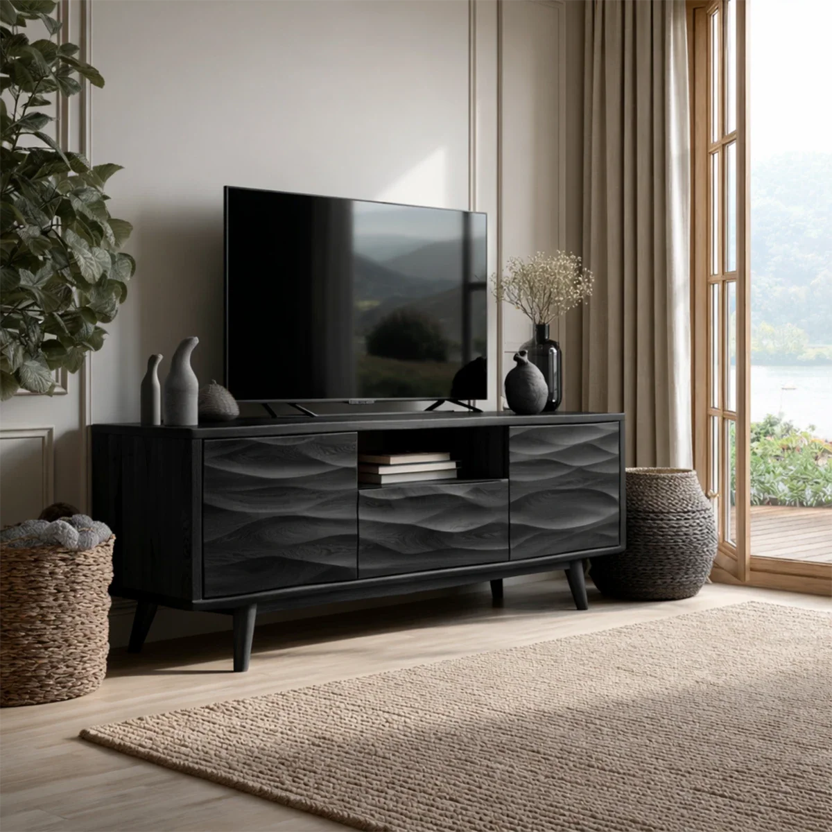 Natural Solid Wood TV Stand with Center Drawer and Side Door Storage - ArborisWood - 9