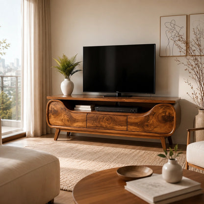 Natural Solid Wood TV Stand with Curved Sculptural Base – Japandi - Arboriswood - 1