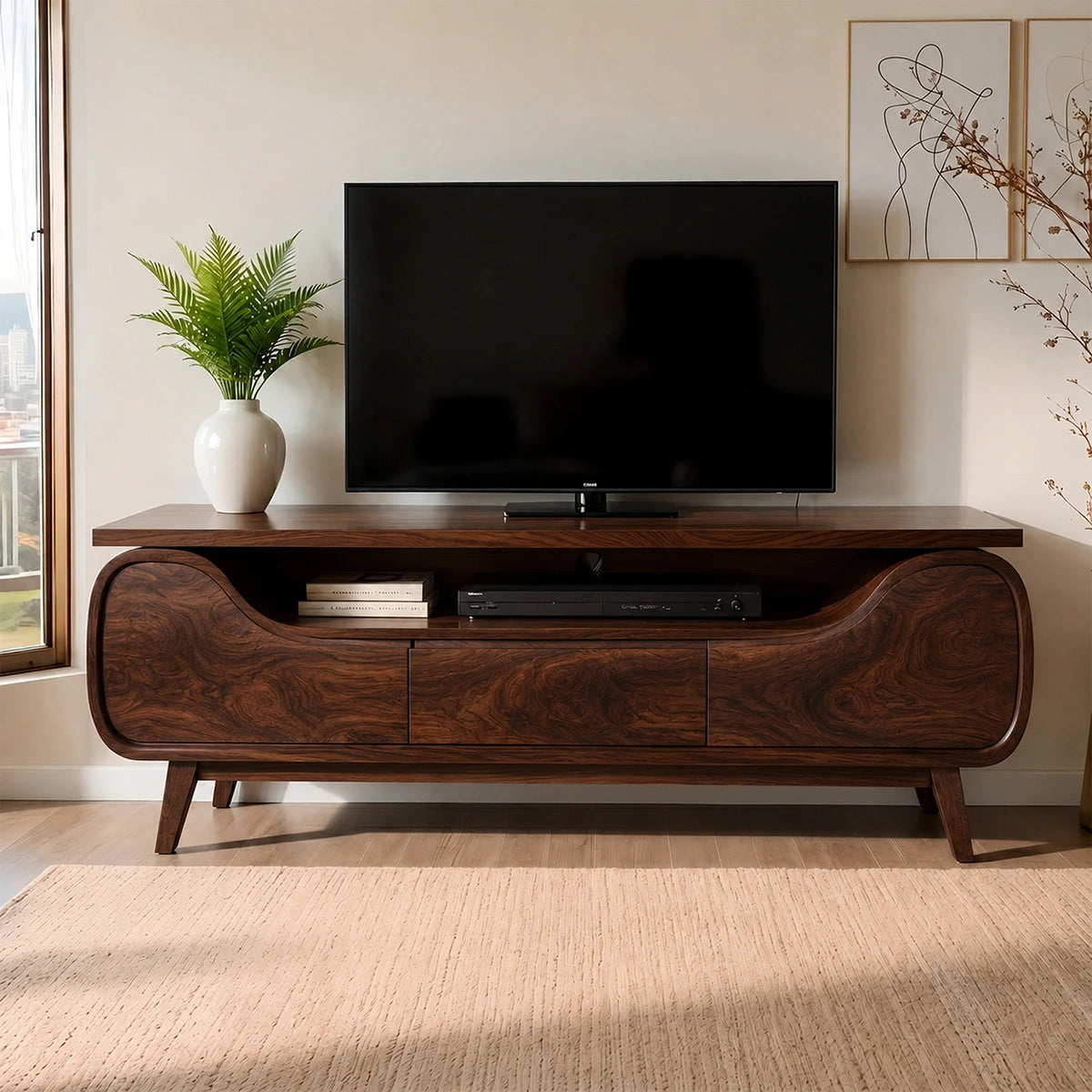 Natural Solid Wood TV Stand with Curved Sculptural Base – Japandi - Arboriswood - 10