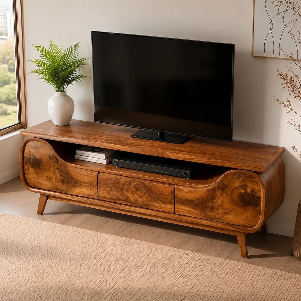 Natural Solid Wood TV Stand with Curved Sculptural Base – Japandi - Arboriswood - 2