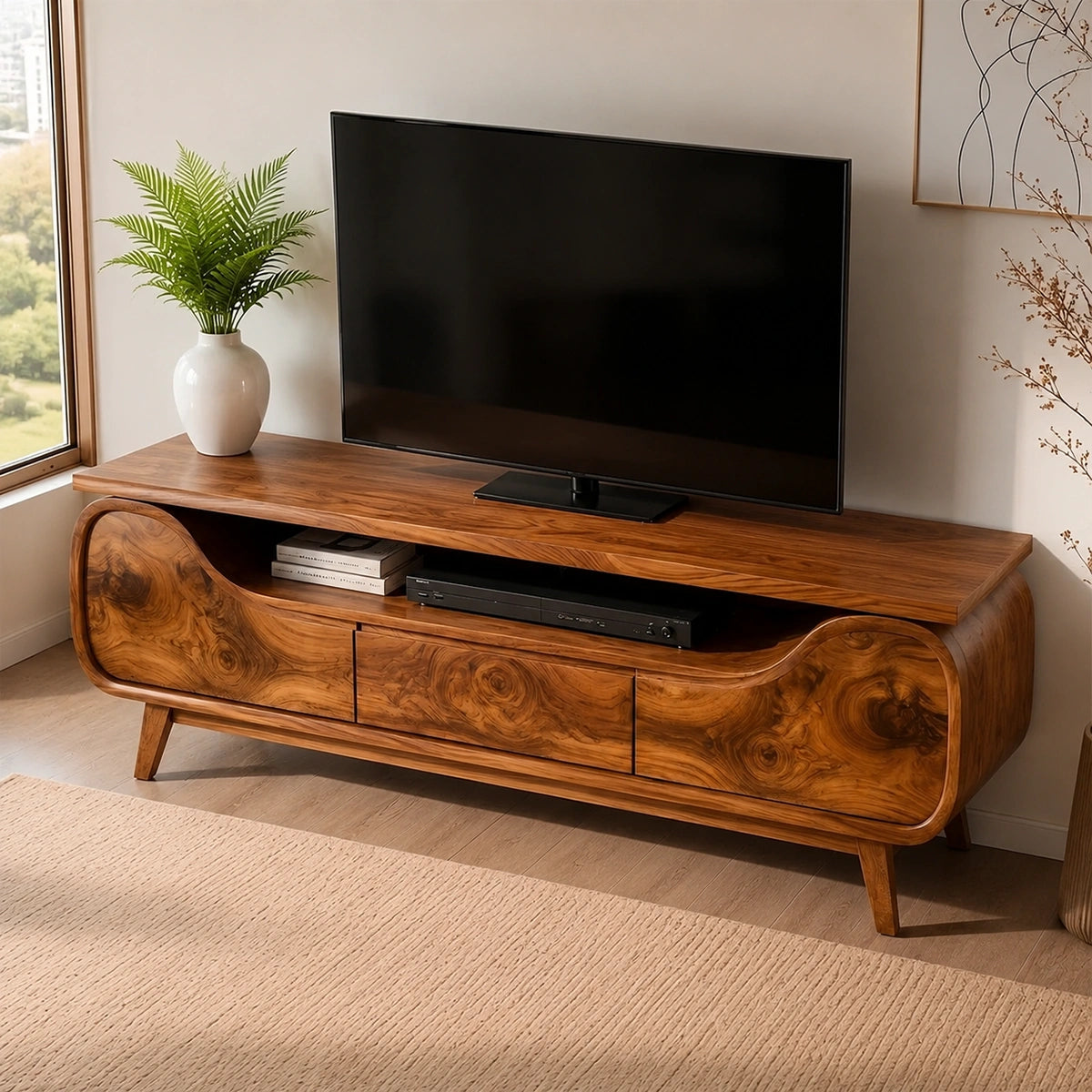 Natural Solid Wood TV Stand with Curved Sculptural Base – Japandi - Arboriswood - 2