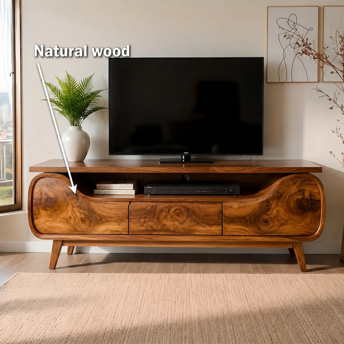 Natural Solid Wood TV Stand with Curved Sculptural Base – Japandi - Arboriswood - 5