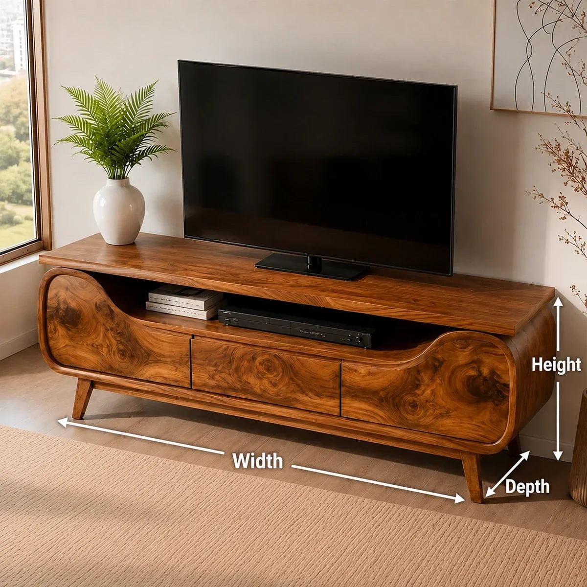 Natural Solid Wood TV Stand with Curved Sculptural Base – Japandi - Arboriswood - 6