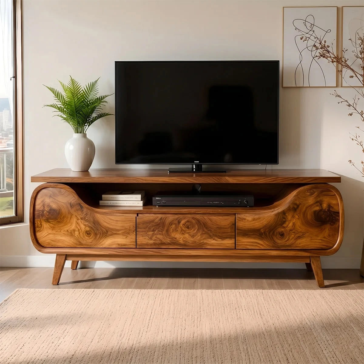 Natural Solid Wood TV Stand with Curved Sculptural Base – Japandi - Arboriswood - 7