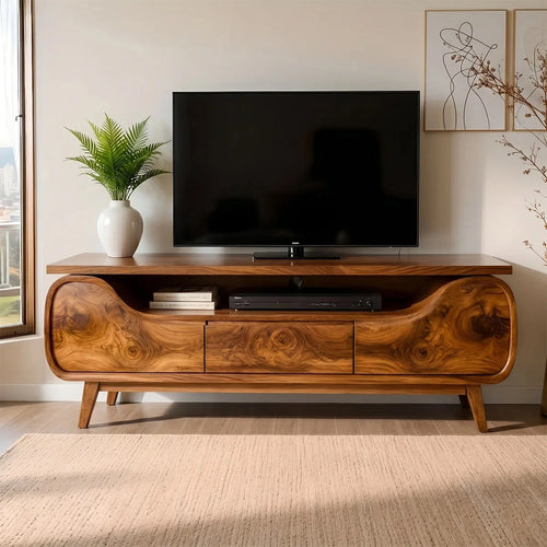 Natural Solid Wood TV Stand with Curved Sculptural Base – Japandi - Arboriswood - 7
