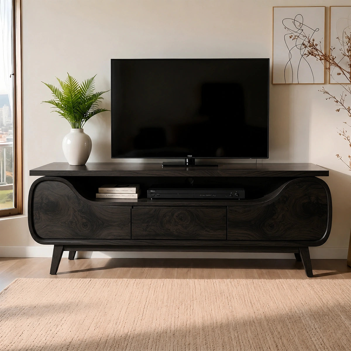 Natural Solid Wood TV Stand with Curved Sculptural Base – Japandi - Arboriswood - 8