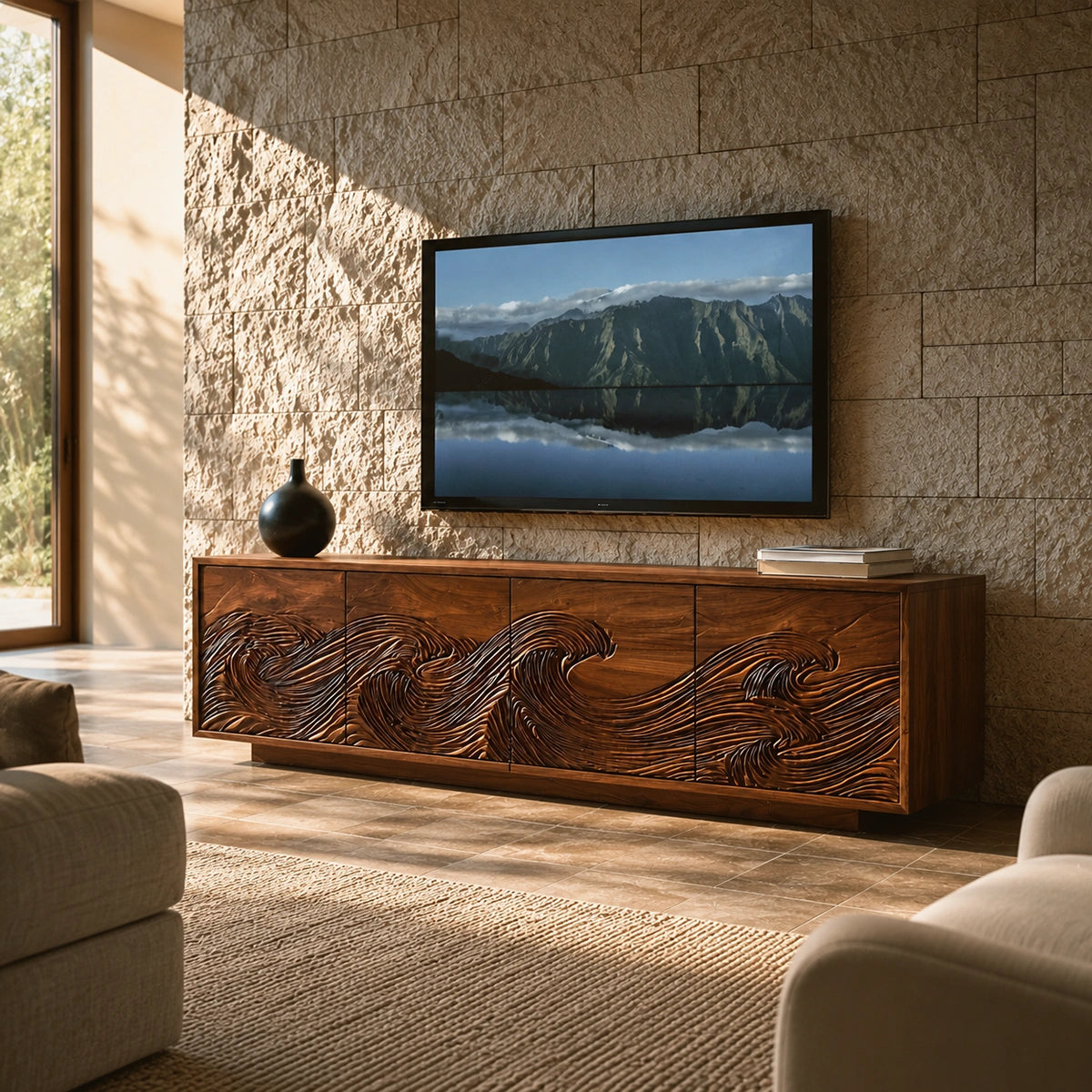 Natural Solid Wood TV Stand with Fluted Carved Doors – Minimalist - Arboriswood - 1