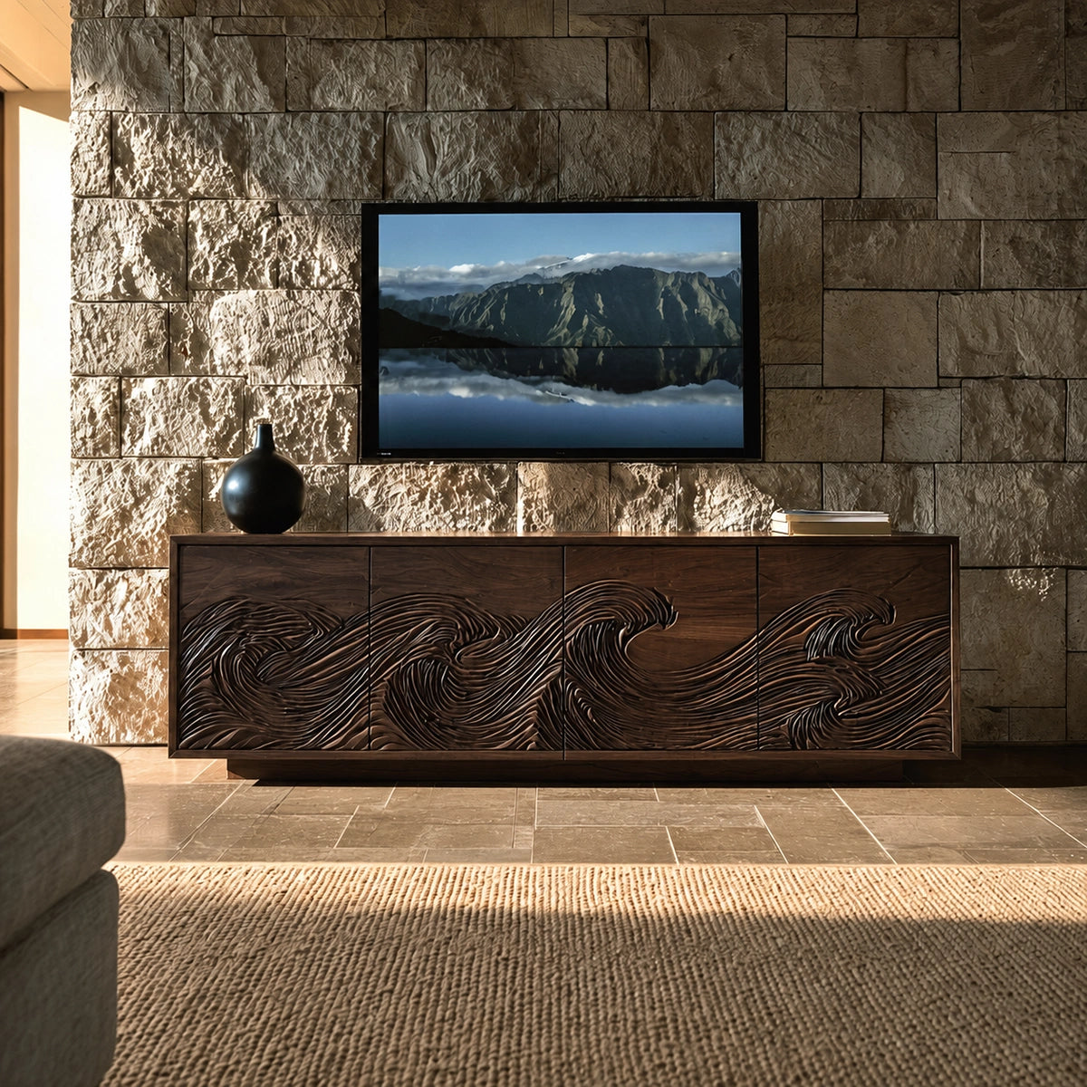 Natural Solid Wood TV Stand with Fluted Carved Doors – Minimalist - Arboriswood - 10