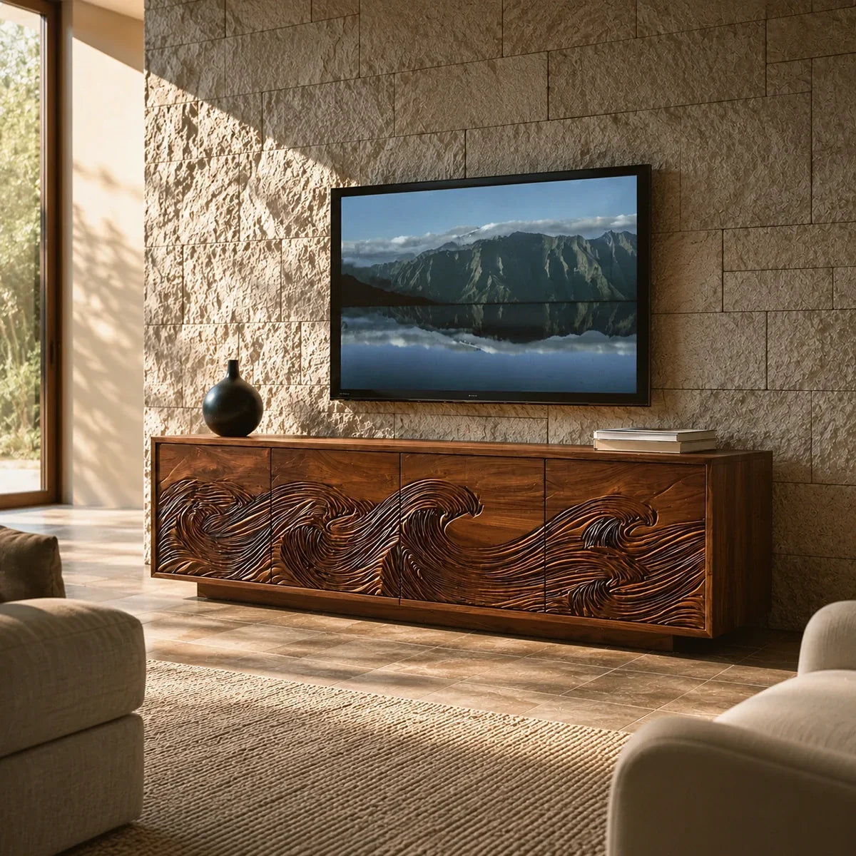 Natural Solid Wood TV Stand with Fluted Carved Doors – Minimalist - Arboriswood - 1