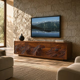 Natural Solid Wood TV Stand with Fluted Carved Doors – Minimalist - Arboriswood - 1