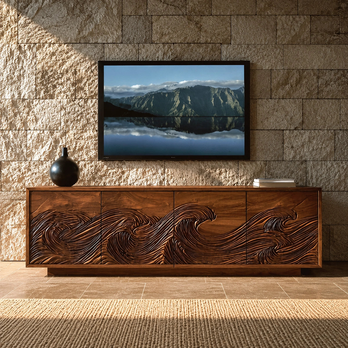 Natural Solid Wood TV Stand with Fluted Carved Doors – Minimalist - Arboriswood - 2