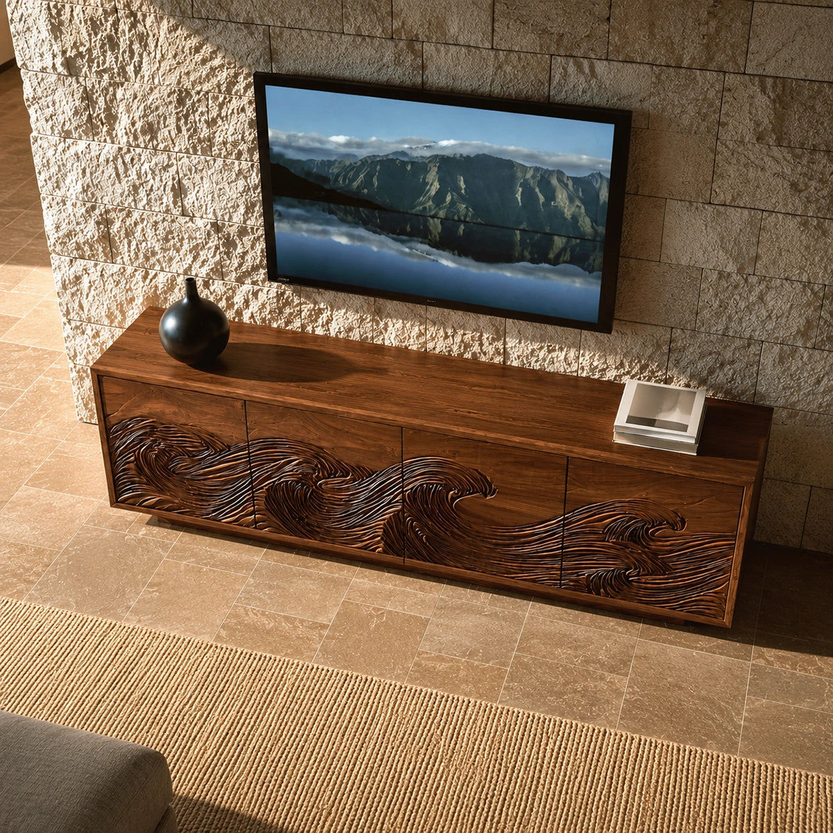 Natural Solid Wood TV Stand with Fluted Carved Doors – Minimalist - Arboriswood - 4