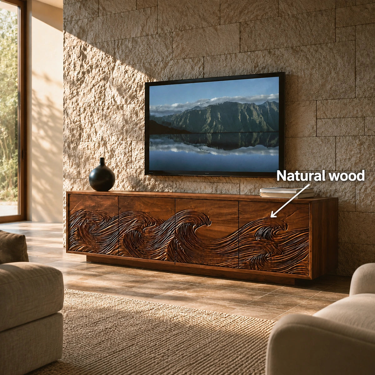 Natural Solid Wood TV Stand with Fluted Carved Doors – Minimalist - Arboriswood - 5