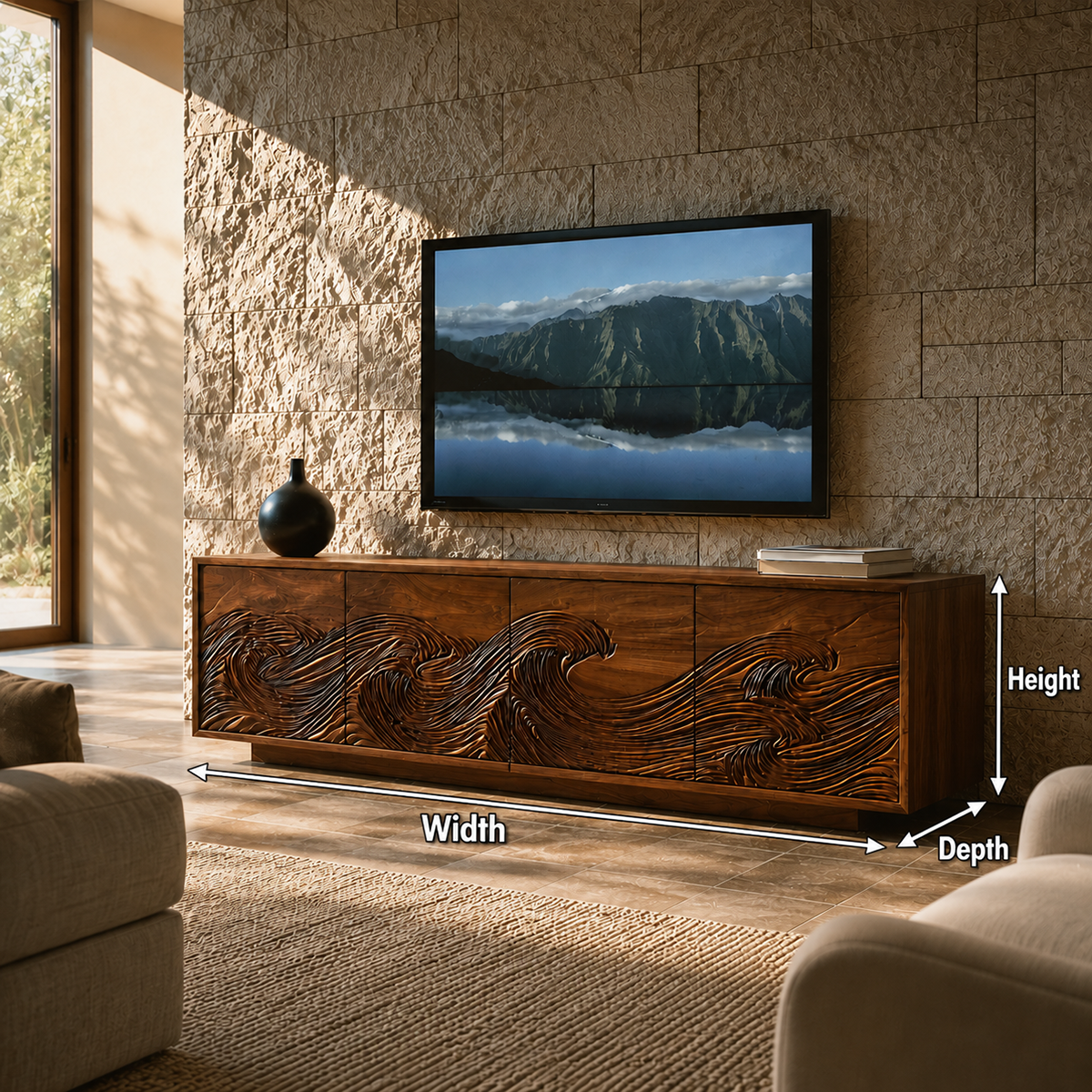 Natural Solid Wood TV Stand with Fluted Carved Doors – Minimalist - Arboriswood - 6