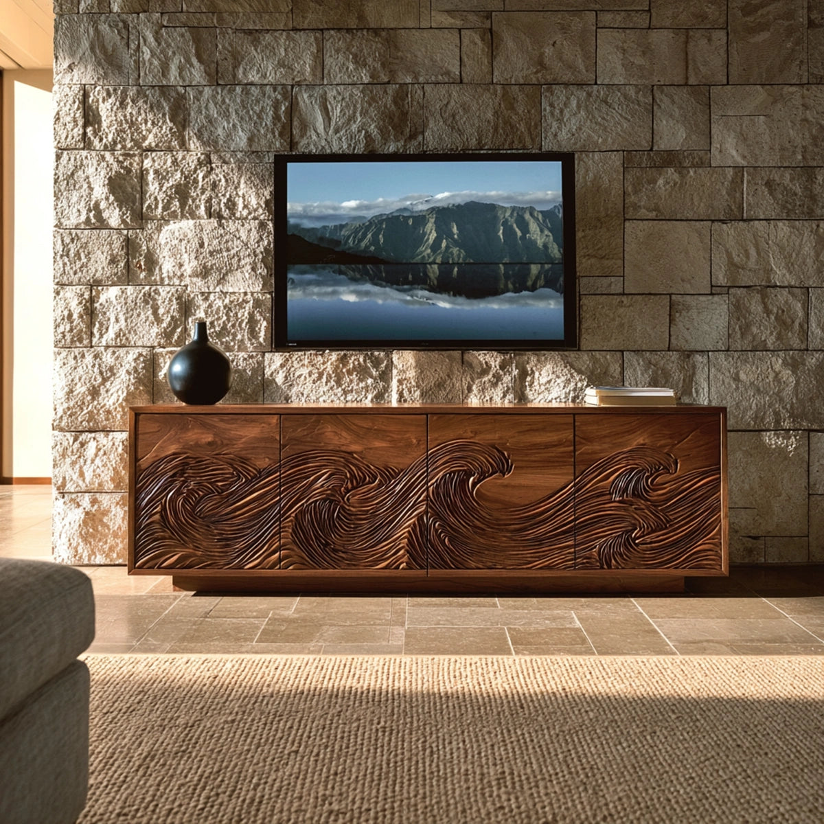 Natural Solid Wood TV Stand with Fluted Carved Doors – Minimalist - Arboriswood - 7