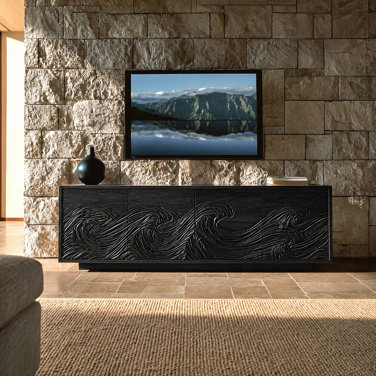 Natural Solid Wood TV Stand with Fluted Carved Doors – Minimalist - Arboriswood - 8