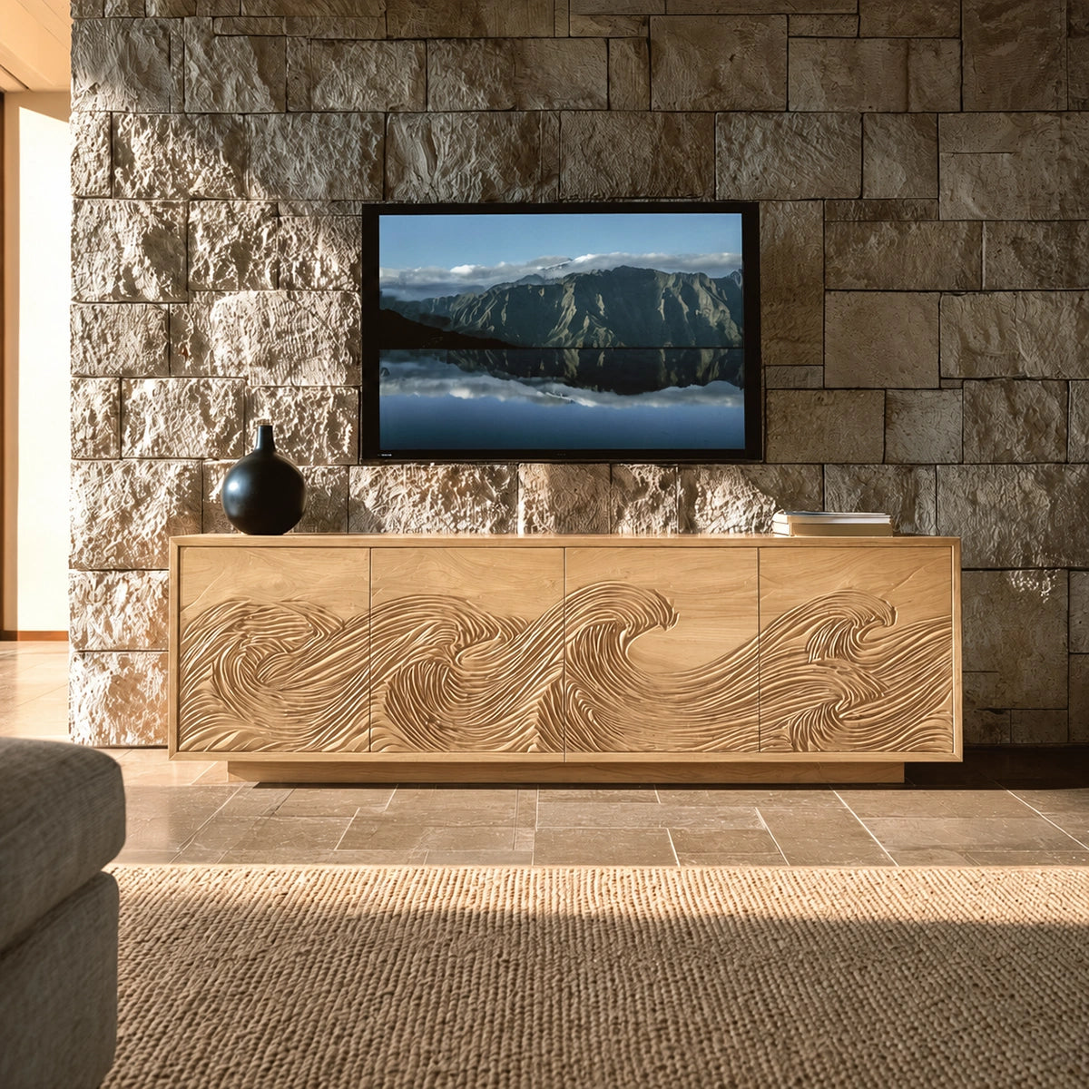 Natural Solid Wood TV Stand with Fluted Carved Doors – Minimalist - Arboriswood - 9