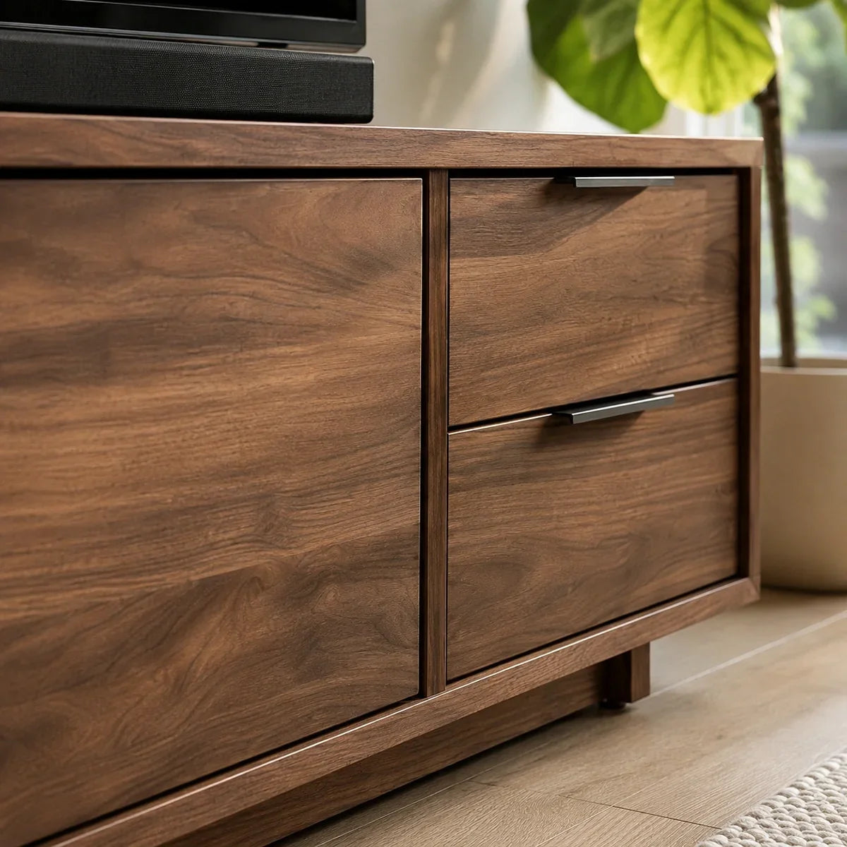 Natural Solid Wood TV Stand with Minimalist Storage Doors – Scandinavian - Arboriswood - 1