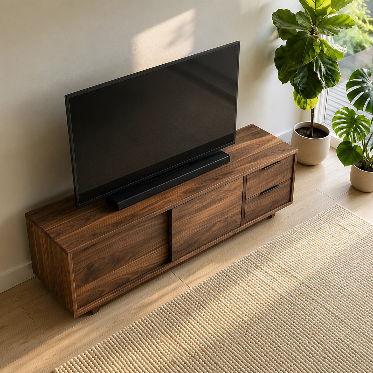 Natural Solid Wood TV Stand with Minimalist Storage Doors – Scandinavian - Arboriswood - 2