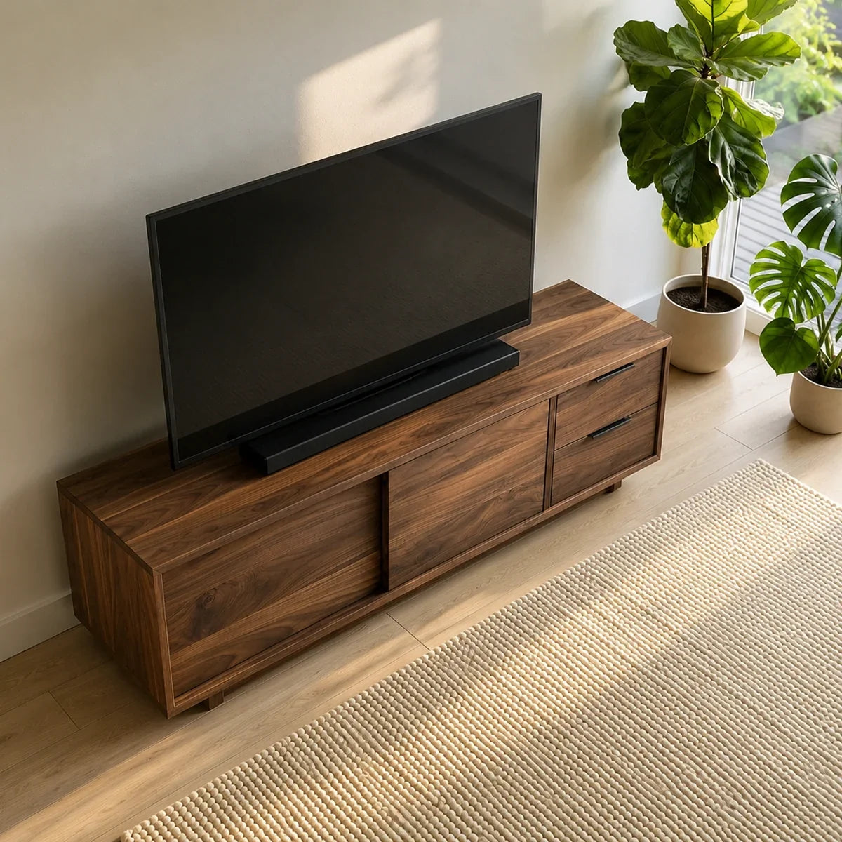 Natural Solid Wood TV Stand with Minimalist Storage Doors – Scandinavian - Arboriswood - 2