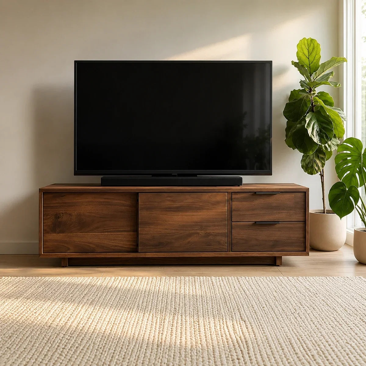 Natural Solid Wood TV Stand with Minimalist Storage Doors – Scandinavian - Arboriswood - 3