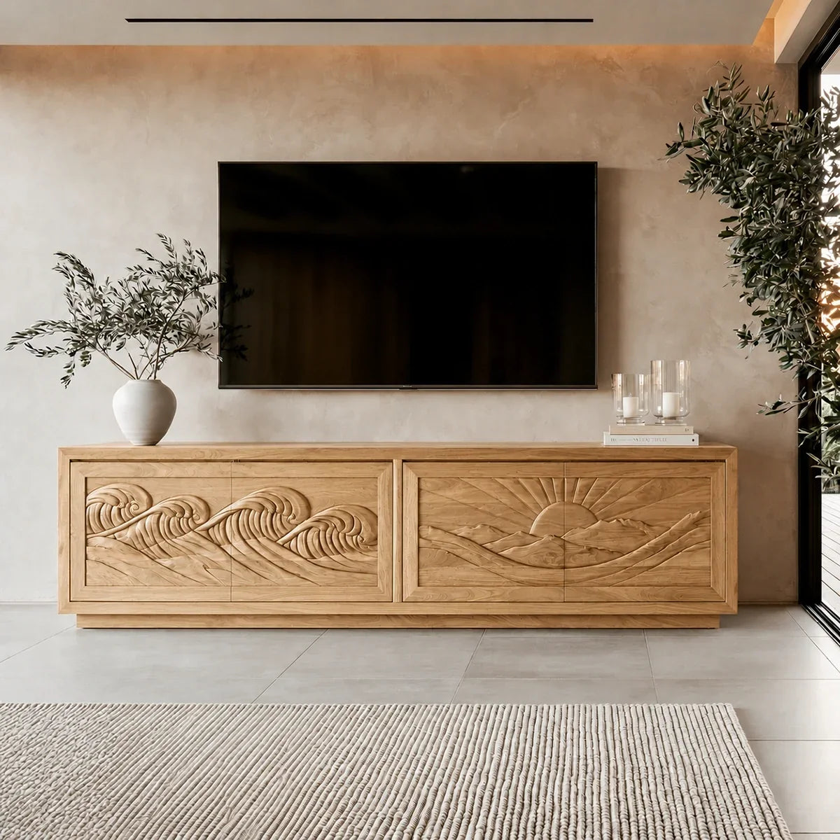 Natural Solid Wood TV Stand with Sculptural Relief Doors – Wabi Sabi - Arboriswood - 10