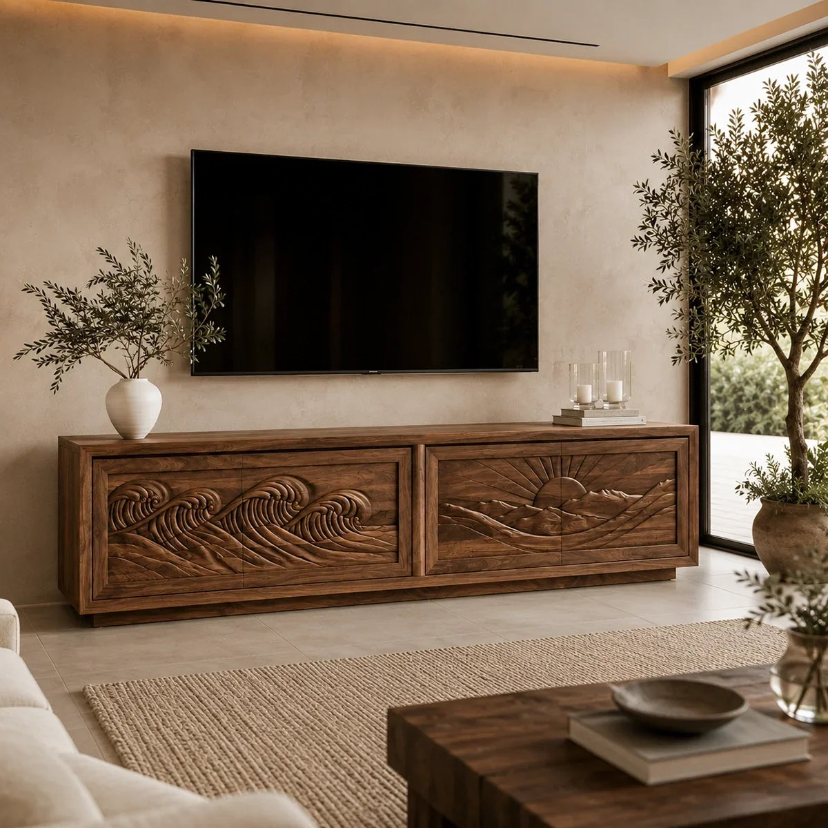 Natural Solid Wood TV Stand with Sculptural Relief Doors – Wabi Sabi - Arboriswood - 2