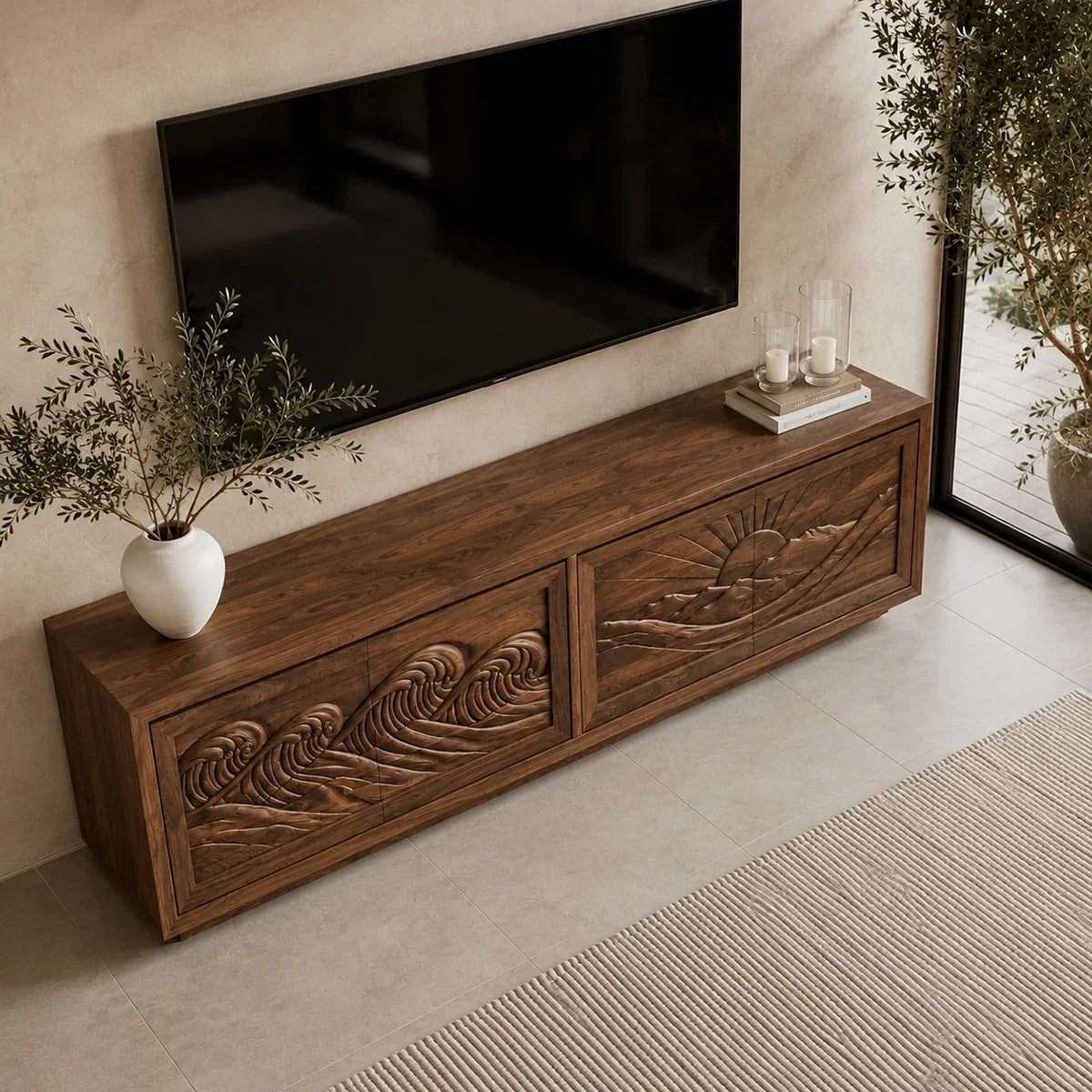 Natural Solid Wood TV Stand with Sculptural Relief Doors – Wabi Sabi - Arboriswood - 3