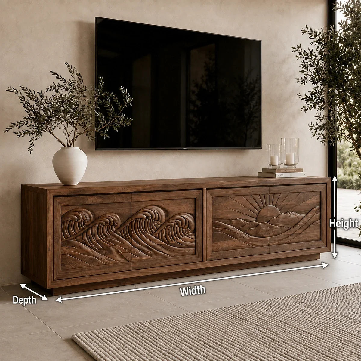 Natural Solid Wood TV Stand with Sculptural Relief Doors – Wabi Sabi - Arboriswood - 5