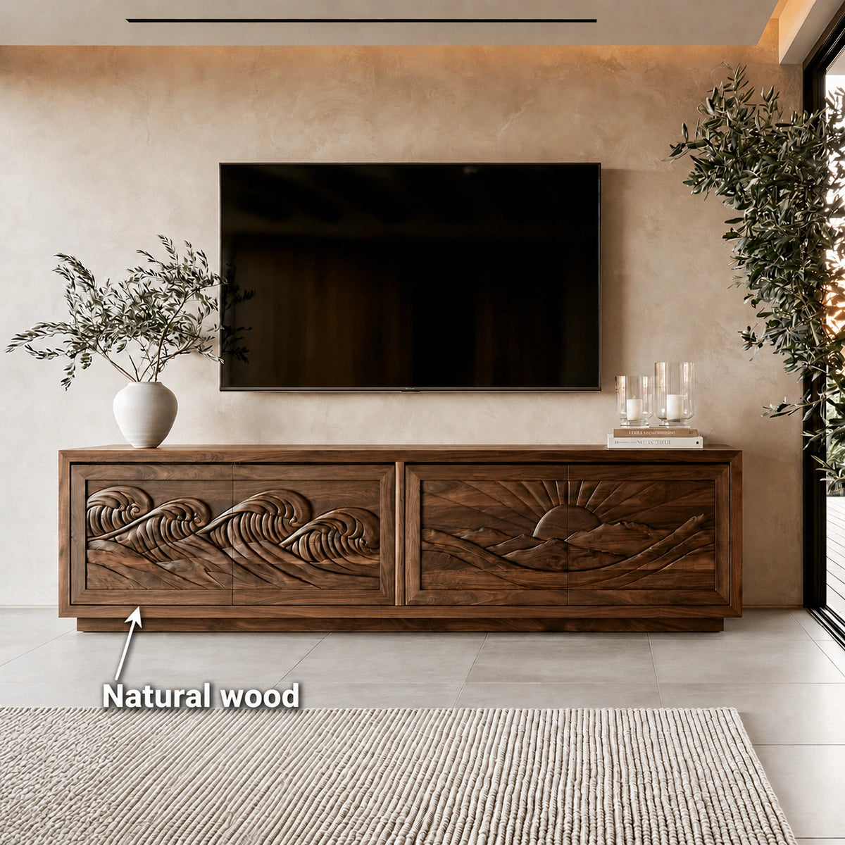 Natural Solid Wood TV Stand with Sculptural Relief Doors – Wabi Sabi - Arboriswood - 6