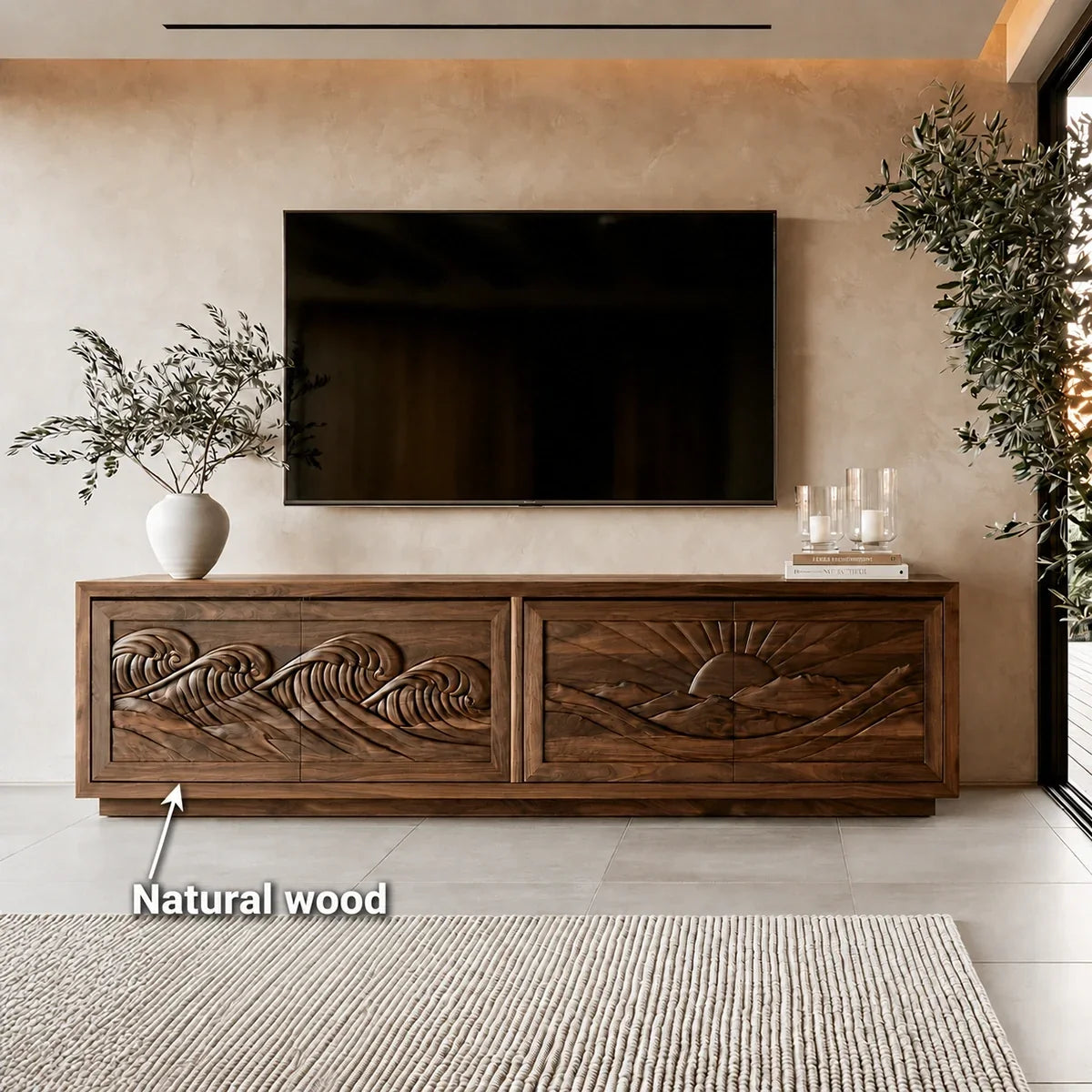 Natural Solid Wood TV Stand with Sculptural Relief Doors – Wabi Sabi - Arboriswood - 6