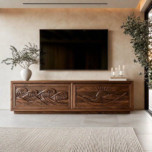 Natural Solid Wood TV Stand with Sculptural Relief Doors – Wabi Sabi - Arboriswood - 7