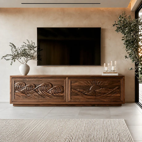 Natural Solid Wood TV Stand with Sculptural Relief Doors – Wabi Sabi - Arboriswood - 7