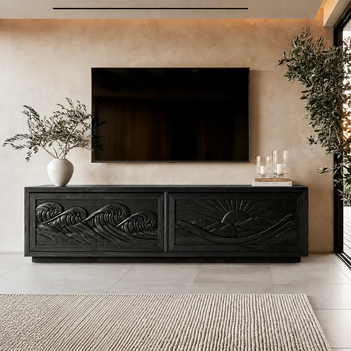 Natural Solid Wood TV Stand with Sculptural Relief Doors – Wabi Sabi - Arboriswood - 8