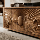 Natural Solid Wood TV Stand with Sculptural Sun Relief Carving – Japandi - Arboriswood - 1