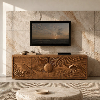 Natural Solid Wood TV Stand with Sculptural Sun Relief Carving – Japandi - Arboriswood - 2