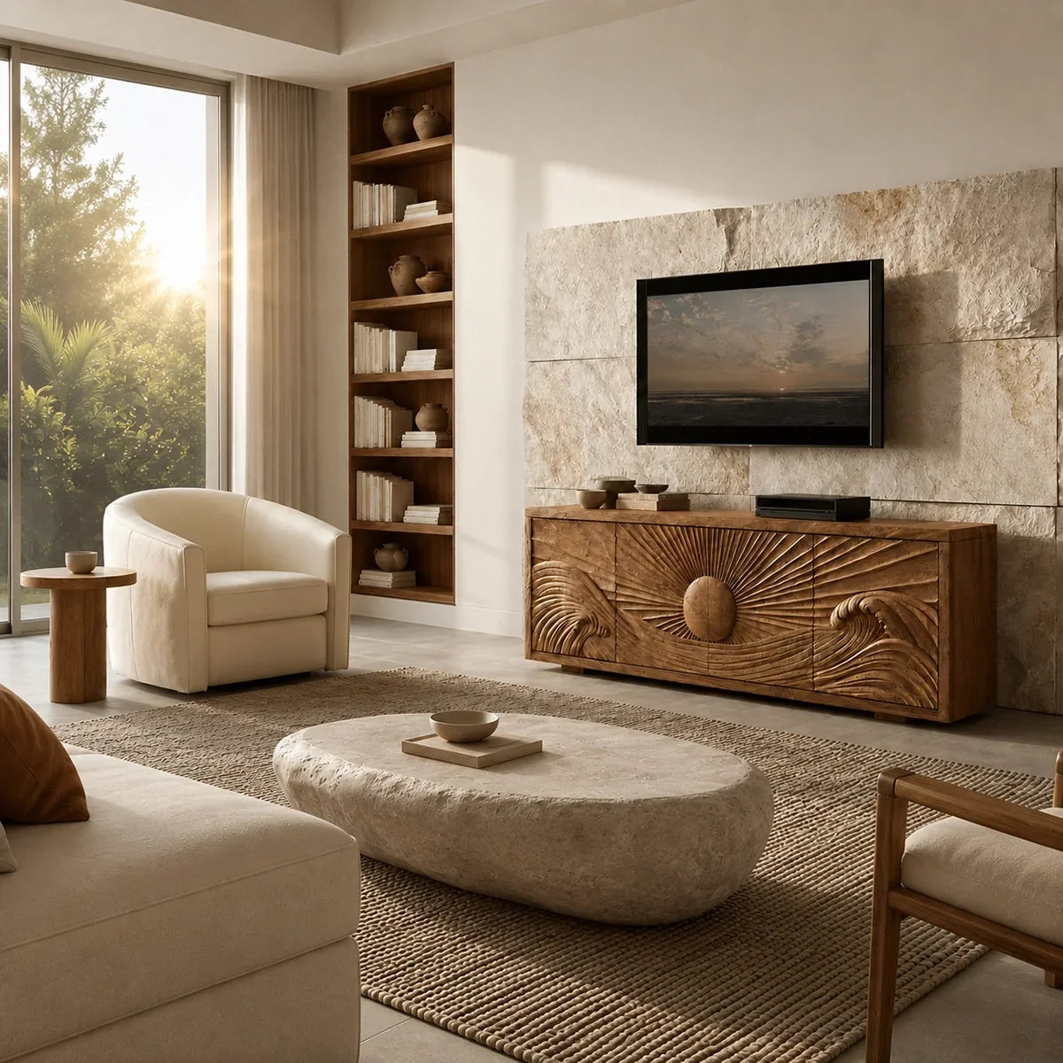 Natural Solid Wood TV Stand with Sculptural Sun Relief Carving – Japandi - Arboriswood - 3