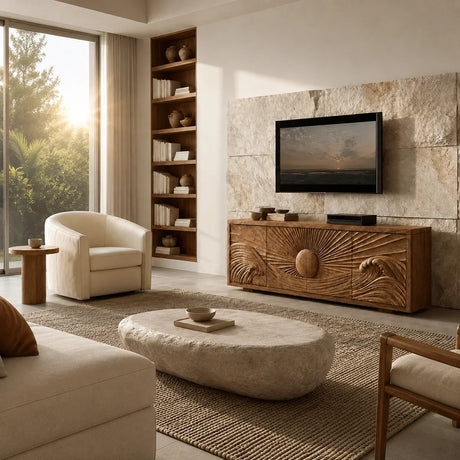 Natural Solid Wood TV Stand with Sculptural Sun Relief Carving – Japandi - Arboriswood - 3