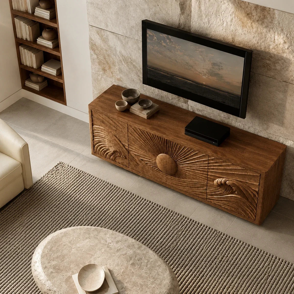 Natural Solid Wood TV Stand with Sculptural Sun Relief Carving – Japandi - Arboriswood - 4