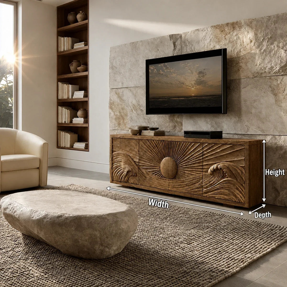 Natural Solid Wood TV Stand with Sculptural Sun Relief Carving – Japandi - Arboriswood - 5