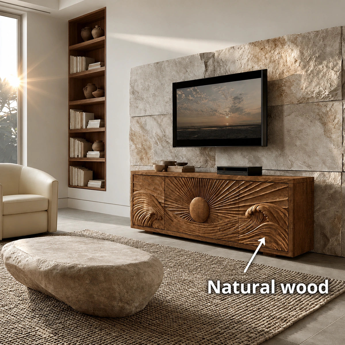 Natural Solid Wood TV Stand with Sculptural Sun Relief Carving – Japandi - Arboriswood - 6