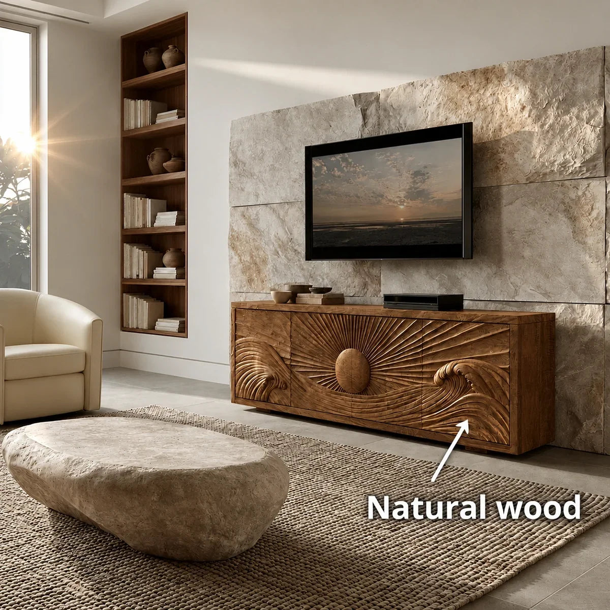 Natural Solid Wood TV Stand with Sculptural Sun Relief Carving – Japandi - Arboriswood - 6