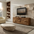 Natural Solid Wood TV Stand with Sculptural Sun Relief Carving – Japandi - Arboriswood - 7