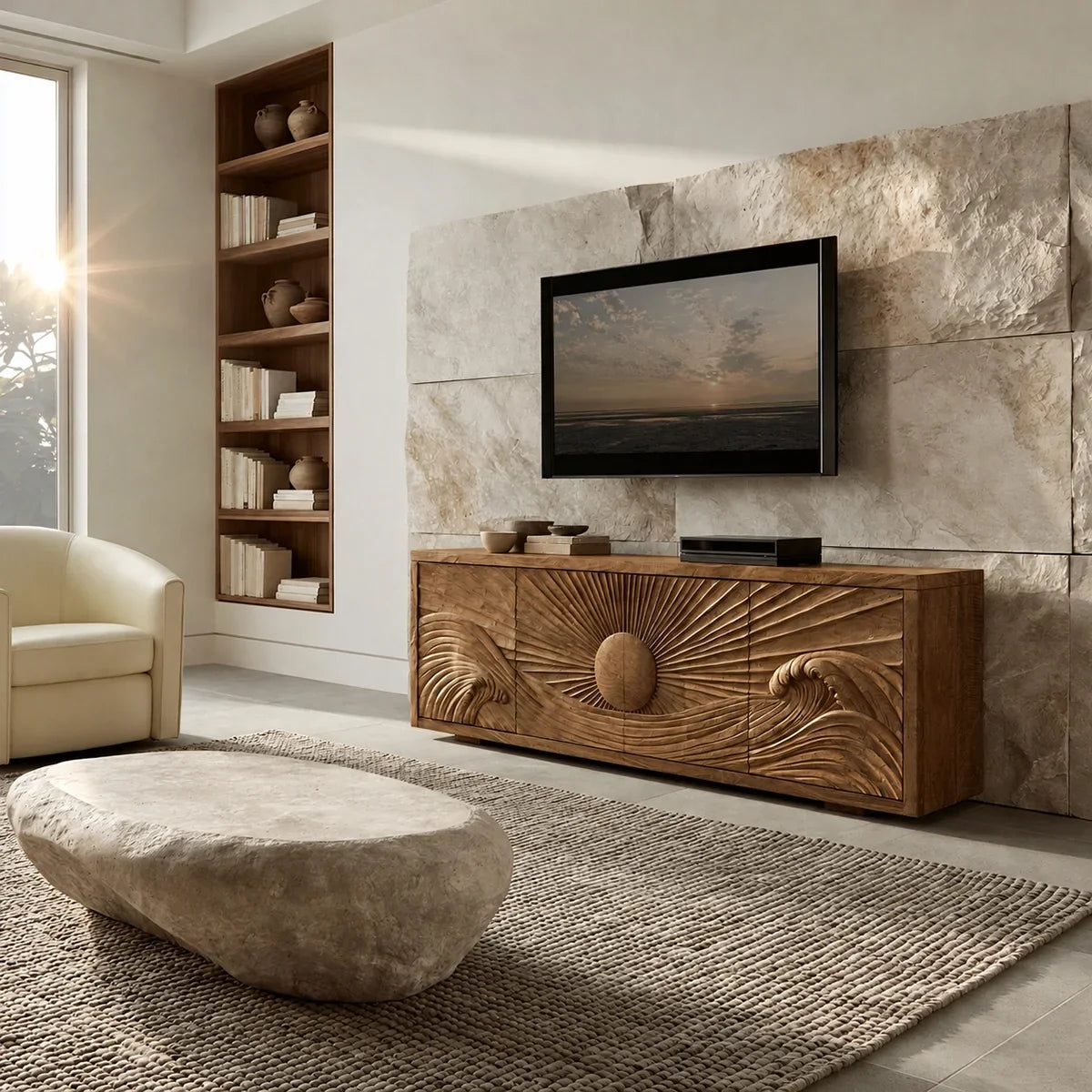 Natural Solid Wood TV Stand with Sculptural Sun Relief Carving – Japandi - Arboriswood - 7