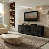 Natural Solid Wood TV Stand with Sculptural Sun Relief Carving – Japandi - Arboriswood - 8
