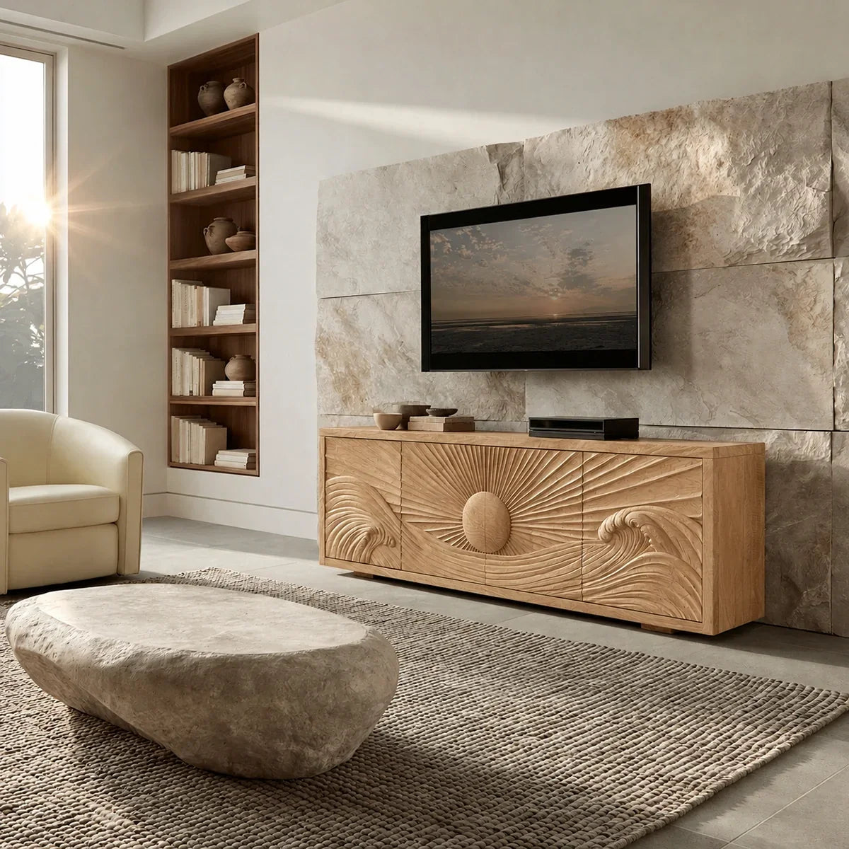 Natural Solid Wood TV Stand with Sculptural Sun Relief Carving – Japandi - Arboriswood - 9
