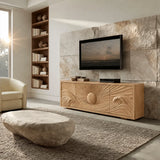 Natural Solid Wood TV Stand with Sculptural Sun Relief Carving – Japandi - Arboriswood - 9