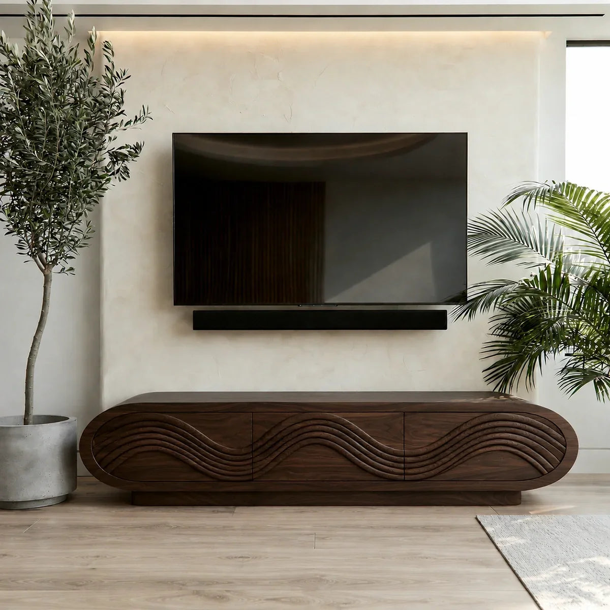 Natural Solid Wood TV Stand with Sculptural Wave Carving – Minimalist - Arboriswood - 10
